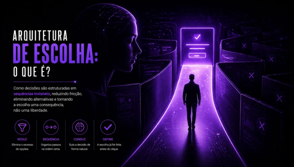 Ilustração futurista sobre arquitetura de escolha e engenharia comportamental aplicada à conversão digital, mostrando condução invisível de decisões em interfaces digitais.