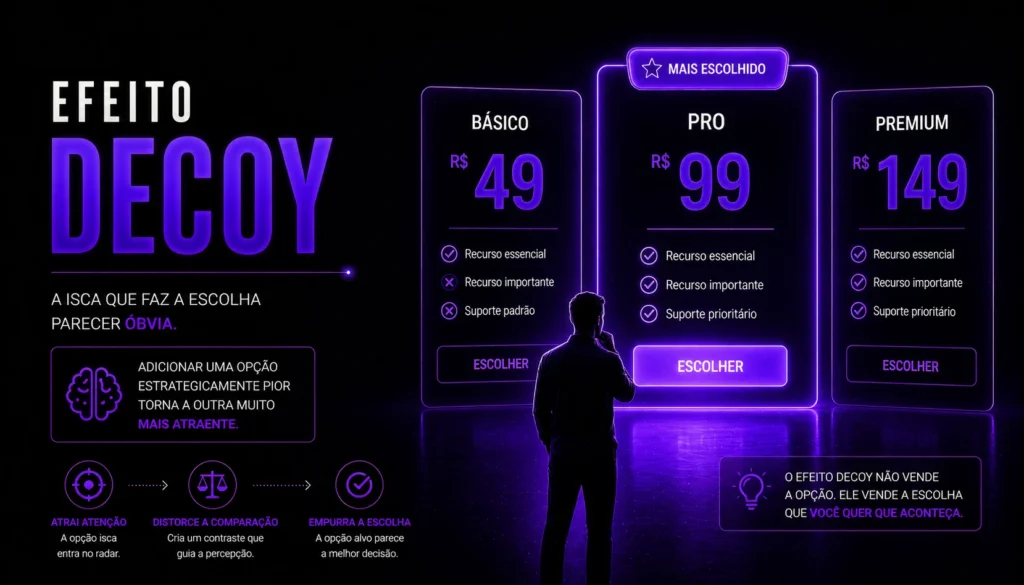 Ilustração futurista sobre Efeito Decoy aplicado à conversão digital, mostrando comparação estratégica de preços, percepção de valor e influência psicológica na tomada de decisão.