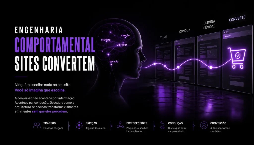 Ilustração futurista sobre engenharia comportamental aplicada a sites e conversão digital, mostrando arquitetura de decisão, microdecisões e condução psicológica do usuário em interfaces digitais.
