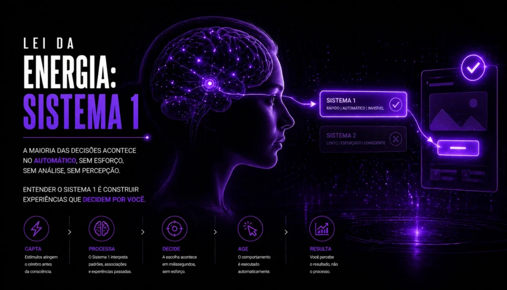 Ilustração futurista sobre Sistema 1 e tomada de decisão automática, mostrando engenharia comportamental, processamento inconsciente e influência cognitiva em interfaces digitais.