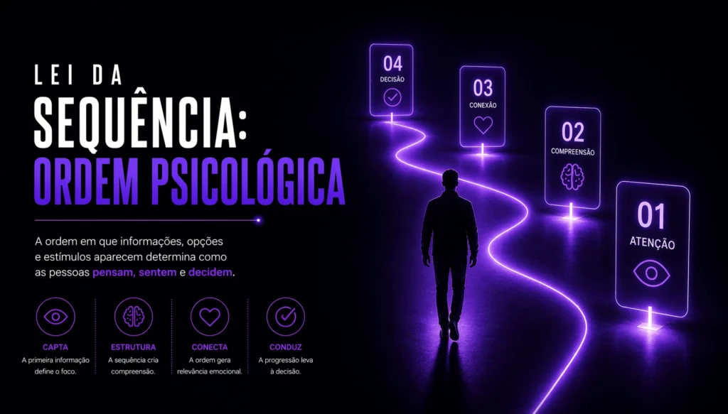Ilustração futurista sobre lei da sequência e ordem psicológica aplicada à conversão digital, mostrando condução cognitiva, progressão mental e arquitetura de decisão em interfaces digitais.