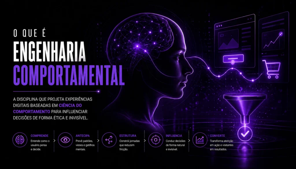 Ilustração futurista sobre engenharia comportamental aplicada a sites e conversão digital, mostrando arquitetura de decisão, comportamento do usuário e influência invisível em interfaces digitais.