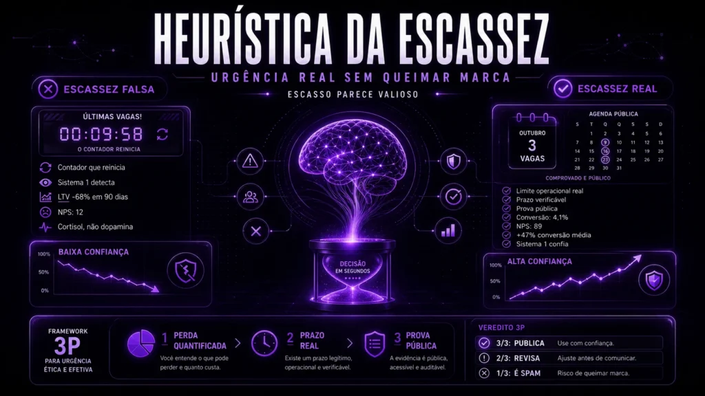 Imagem sobre heurística da escassez mostrando a diferença entre escassez real e escassez falsa em estratégias de conversão.